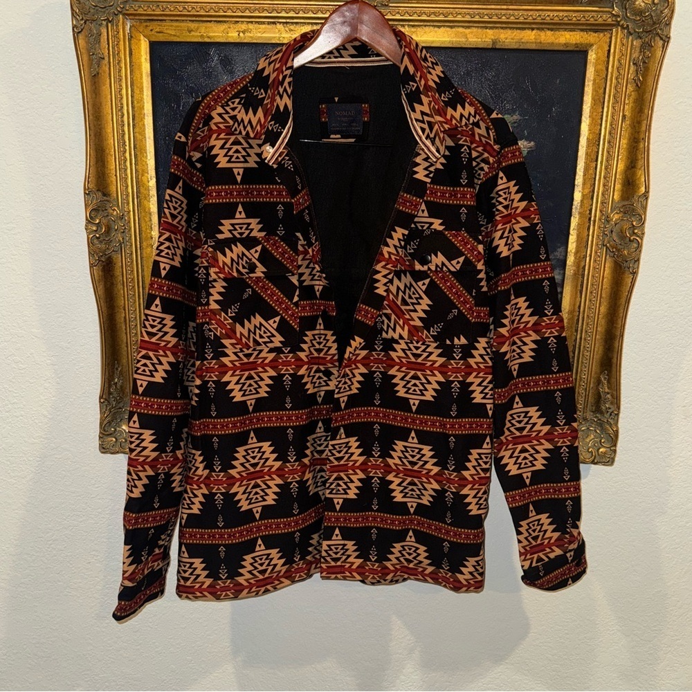 NOMAD Aztec Tribal Print Brown Red Button Front Lightweight Shacket Men’s L